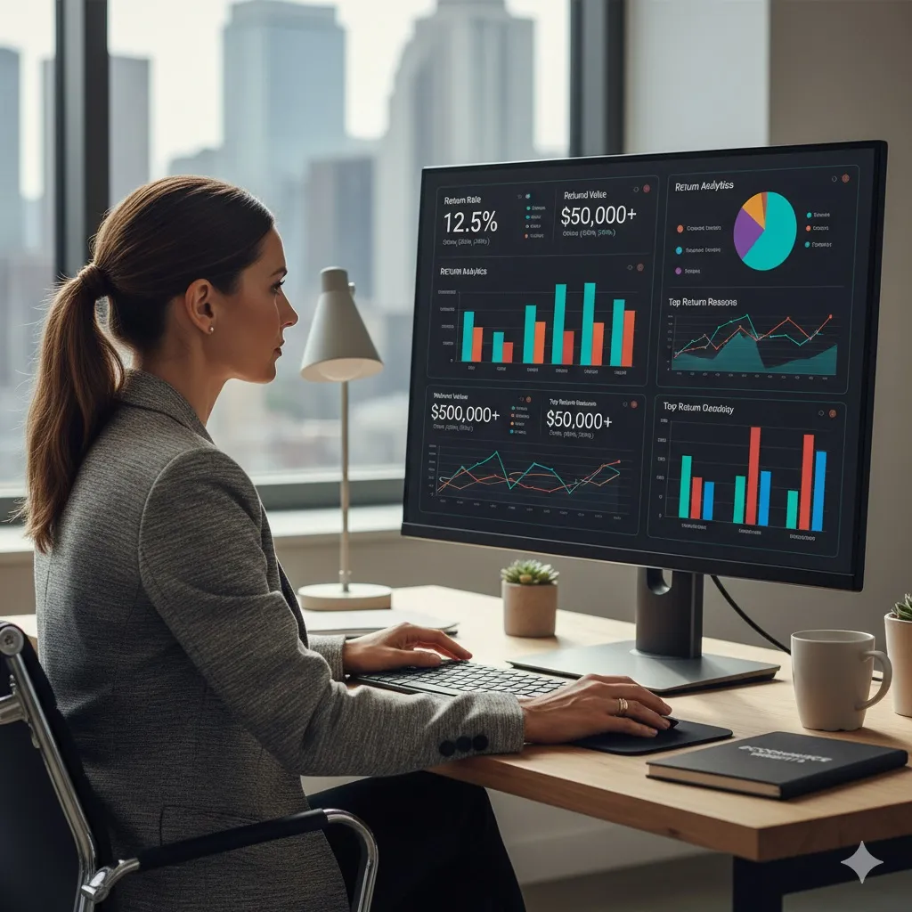 E-commerce analytics dashboard showing return metrics and KPIs on computer screen