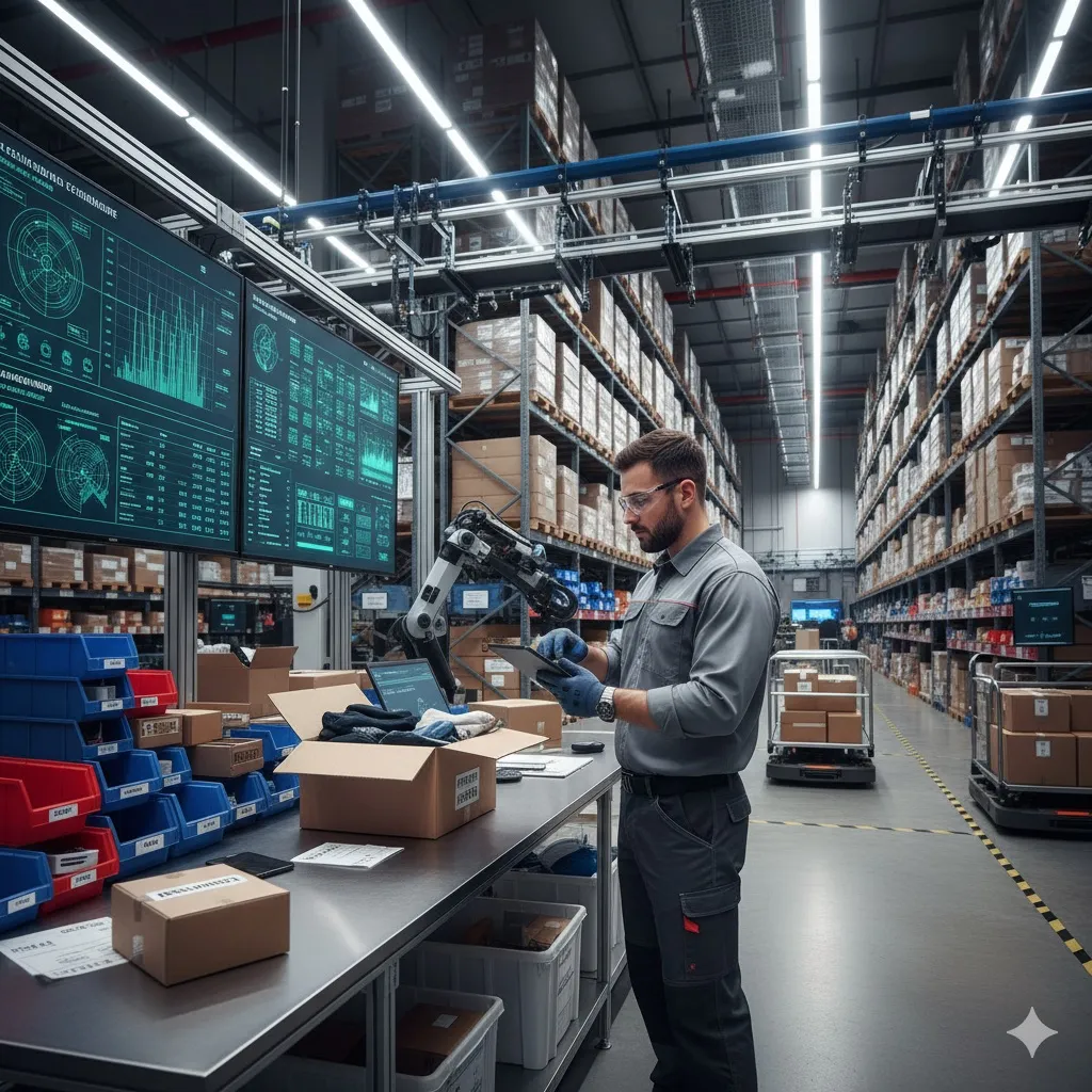 Warehouse worker processing returned packages and inventory management