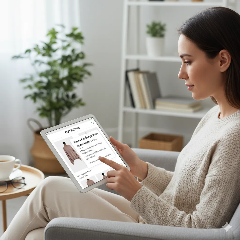 Customer reading return policy on tablet while shopping online, showing policy optimization in action