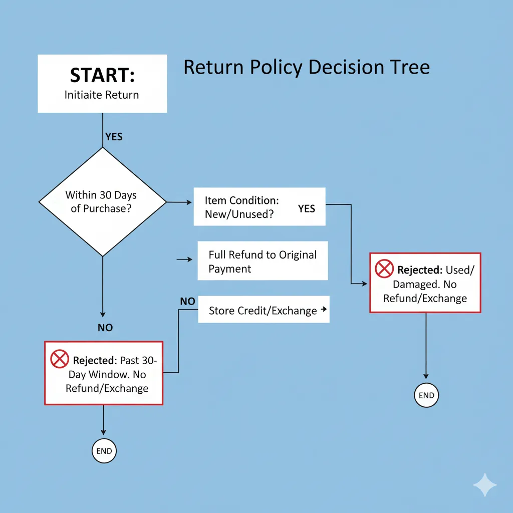 Flowchart showing return policy decision tree with different scenarios and outcomes