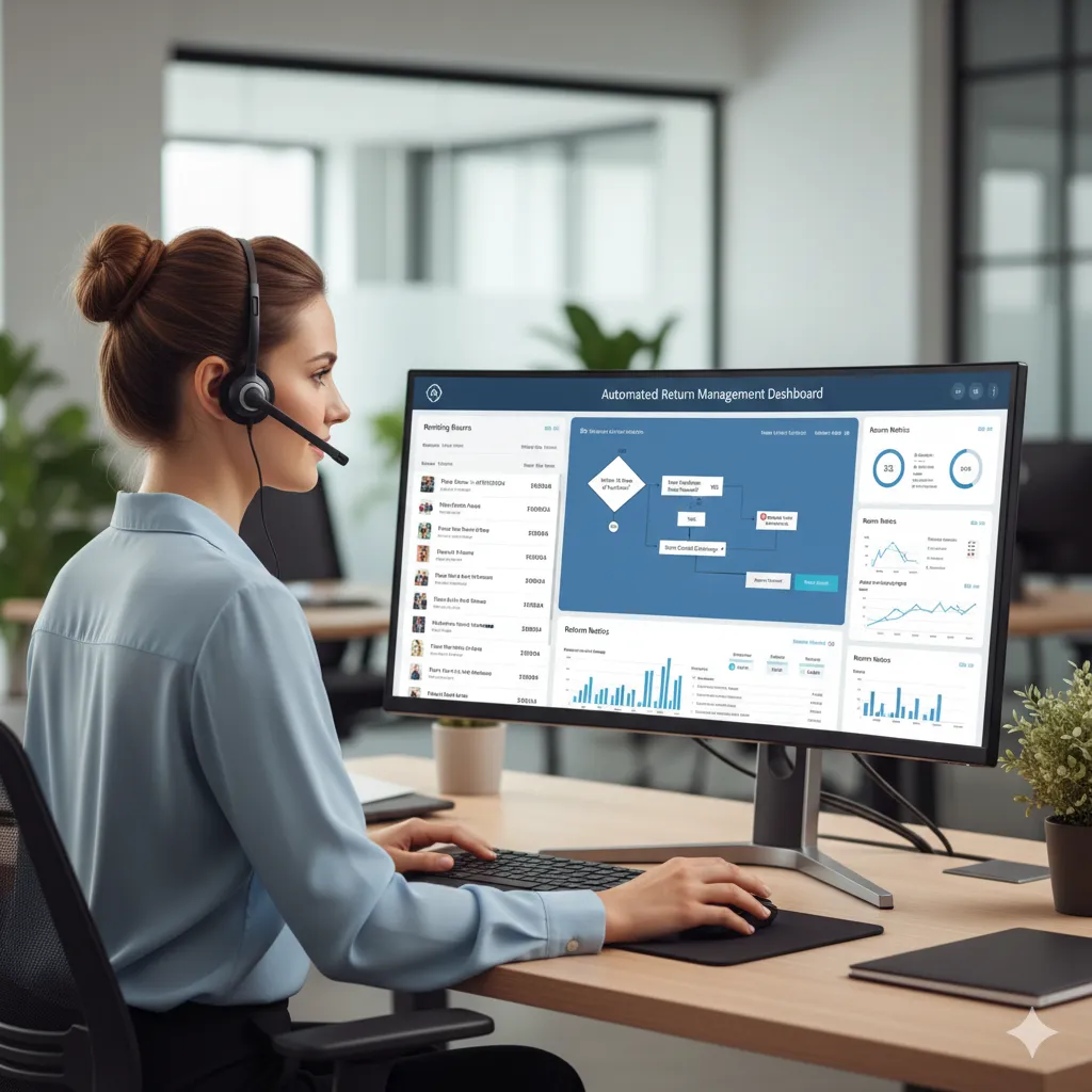 Customer service representative using automated return management system to process returns efficiently