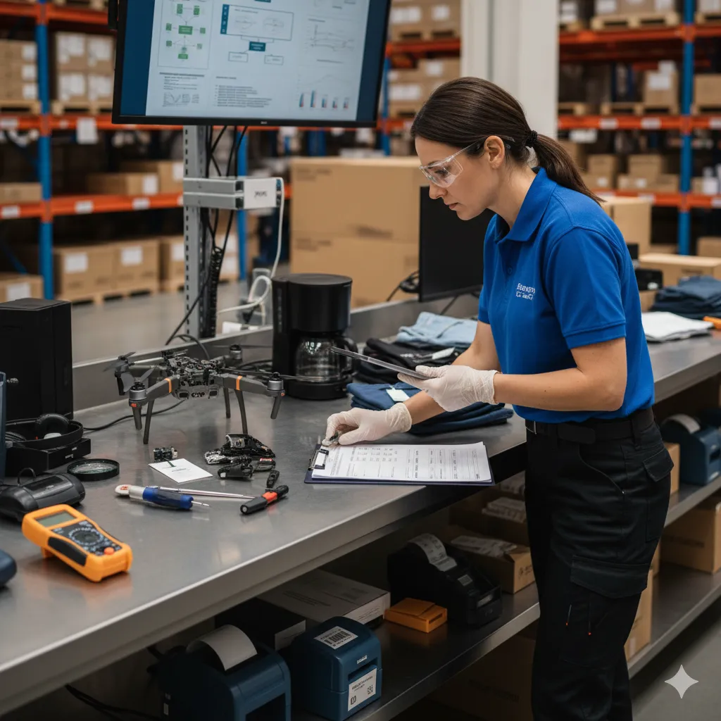 Warehouse quality control inspector examining returned ecommerce products at inspection station