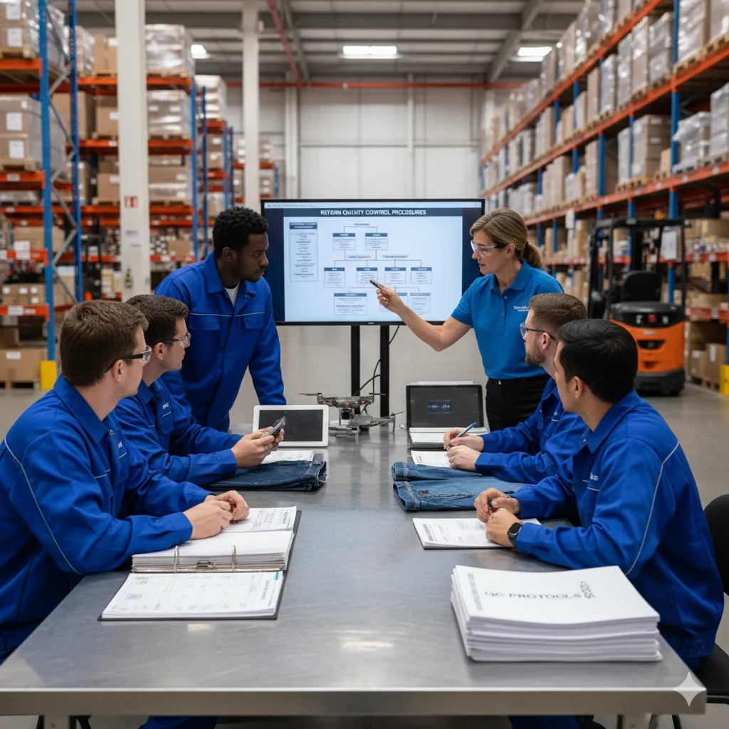 Quality control team training session with ecommerce return inspection checklist and sample products