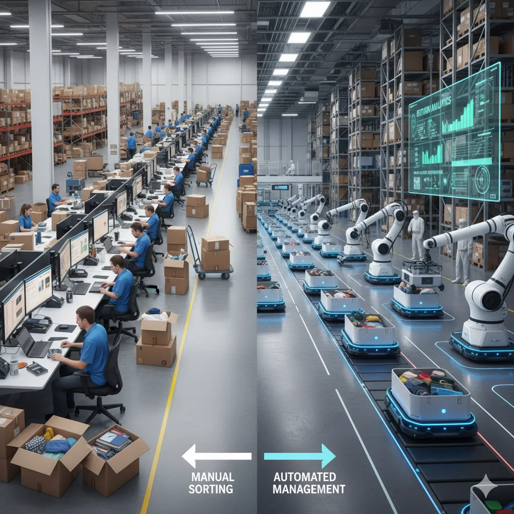 Warehouse worker managing return packages and automated systems
