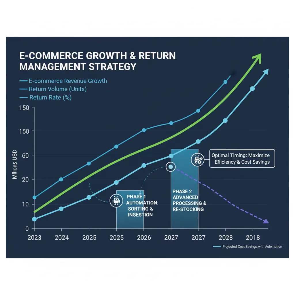 Business growth chart with return volume projections and automation timeline