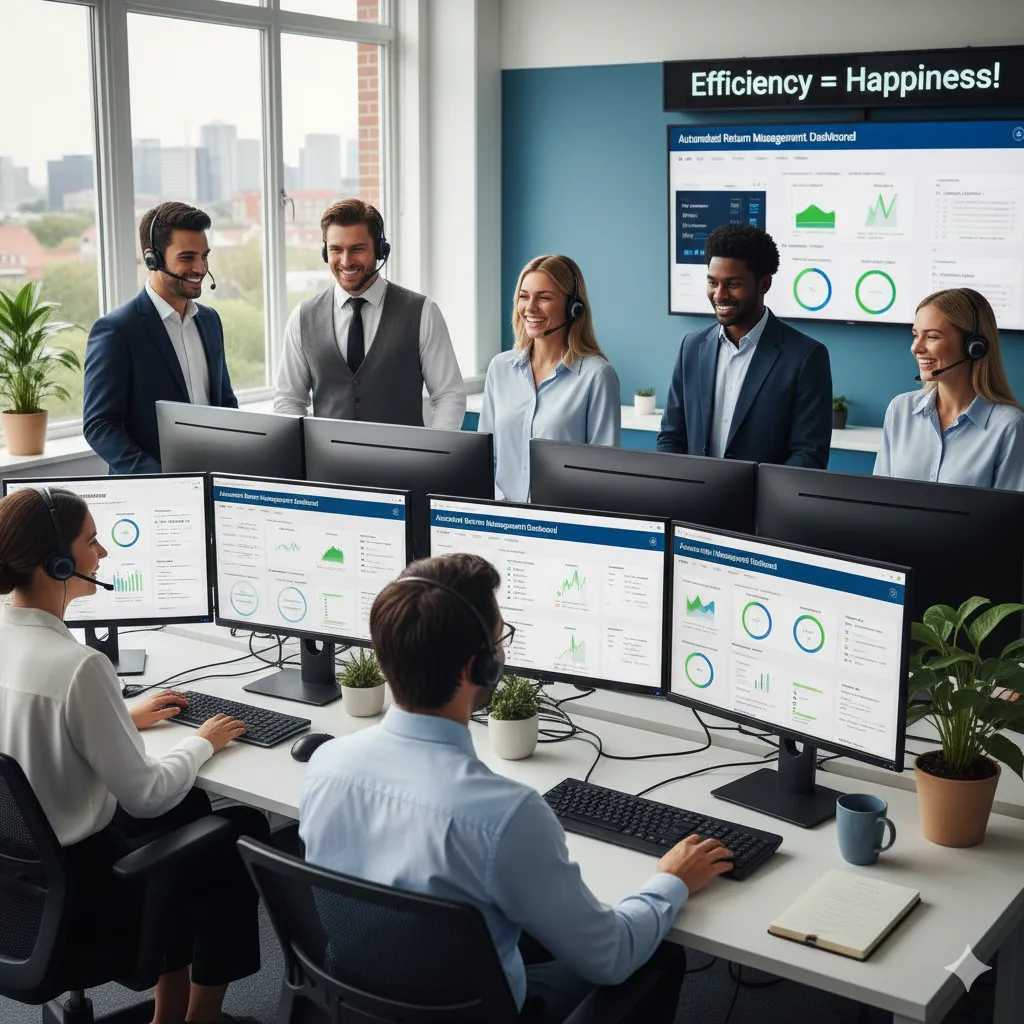 Modern customer service team working with automated return management dashboard
